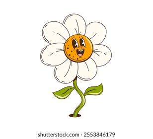 Cartoon retro daisy flower groovy character. Isolated vector chamomile blossom personage with white petals, stem with green leaves, googly eyes and wide, charming smile, exudes laid back, summer vibe