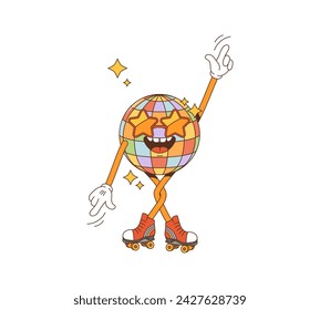 Cartoon-Retro-Disco-Ball-grooviger Charakter. Isolierte Vektor-vibrierende Persönlichkeit mit bunten, schimmernden Facetten, sternförmigen Sonnenbrillen und animierten Gliedmaßen, die eine coole Stimmung ausstrahlen, Tanz auf Rollerklingen