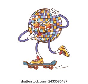 Caricatura retro bola de discoteca carácter groovy. Personaje vibrante aislado del vector con gafas de sol en forma de estrella y extremidades animadas, exudando vibra fresca, montando en patineta y mostrando gesto de roca y lengua en