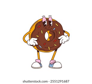 Caricatura retro donut groovy carácter. Personaje de postre de rosquilla vibrante de Vector aislado con sonrisa funky, esmalte de chocolate y chispas coloridas, encarna un ambiente de los años 70, con una sonrisa amplia y alegre