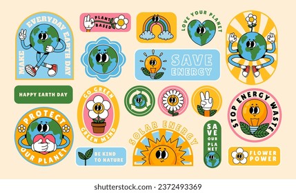 Cartoon retro Earth stickers. Save planet. Old style 70s funny mascot eco-friendly earth character. Concept design with protection nature. Earth day. Vector illustration. Solar energy, stope waste