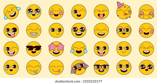 Cartoon retro emoji set in linear style. Happy emoticons set. Vector pack. Collection emotion of happiness and fun. Vintage icons sticker label in 70s, 80s, 90s style. Editable path