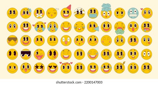 Cartoon retro emoji set. Vector illustration with different emotions