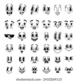 Cartoon Retro Emoji Vector Monochrome Set. Happy, Smile Whistle And Sad, Evil, Bored And Angry. Fall In Love, Smile