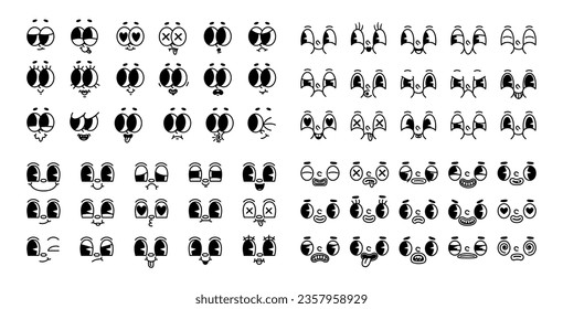 Cartoon retro face. Vintage 30s mascot expression character. Comic eyes and mouth. Old style funny animation faces for trendy design. Happy, angry, sad emotions. Vector set. Human caricature