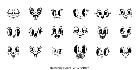 Cartoon retro faces. 50s, 60s old animation elements, funny comics characters, cute emotions, vintage happy mascot characters. Creator elements isolated 1950s style