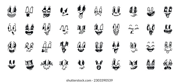 Cartoon retro faces. Black and white vintage comic muzzles, old classic animated characters collection, happy and surprised emoji, funny emotional expressions, mascot face, tidy vector set