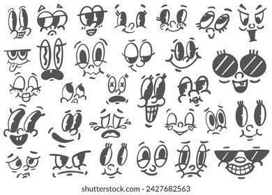 Cartoon retro faces. Comic cute mascot set with funny smiling and angry expressions. Old 50s caricature characters. Vector illustration.