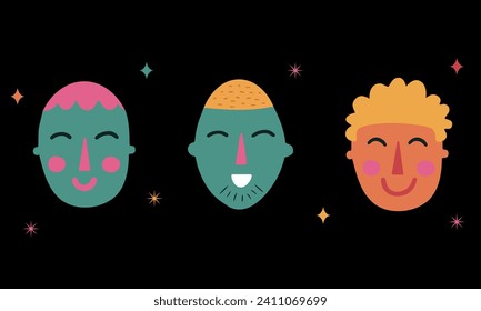Cartoon retro faces with different colors and shapes set against a black background. Heads in doodle style. Vector illustration