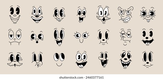 Caras retro de dibujos animados. Cara emocional de Antiguas, ojos y boca divertidos de estilo antiguo, expresión facial diferente