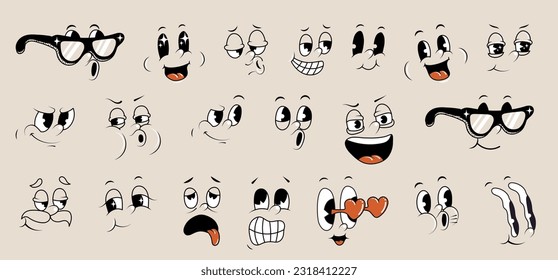 Cartoon retro faces. Vintage emotional face, old style funny eyes and mouth, different facial expression. Vector set