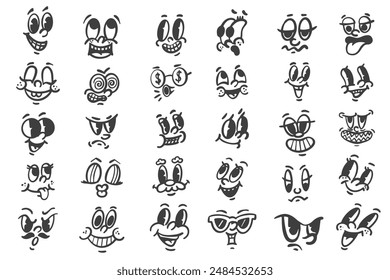 Cartoon retro faces. Vintage mascots with comic cute eyes and mouths. Funny icons set of happy smiling character expressions. 30-50s design emotions elements. Vector simple caricature heads,