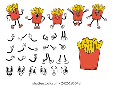 Cartoon Retro Fast Food French Fries Groovy Character Construction Kit. Classic Potato Personage Poses, Expressions