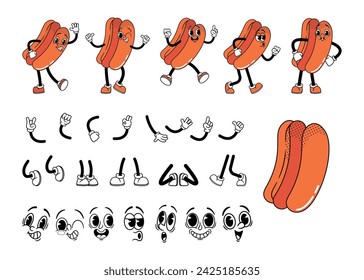 Cartoon Retro Fast Food Hot Dog Groovy Character Construction Kit. Classic Hotdog Personage Poses, Facial Expressions