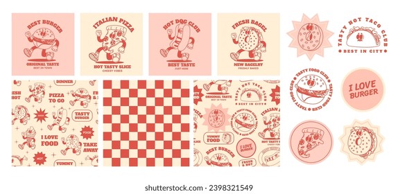 Cartoon retro fast food seamless pattern, stickers. Groovy comic food vector characters. Vintage eating background with stickers, quotes for menu, cafe, restaurant. Taco, hot dog and burger set