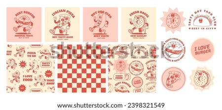 Cartoon retro fast food seamless pattern, stickers. Groovy comic food vector characters. Vintage eating background with stickers, quotes for menu, cafe, restaurant. Taco, hot dog and burger set