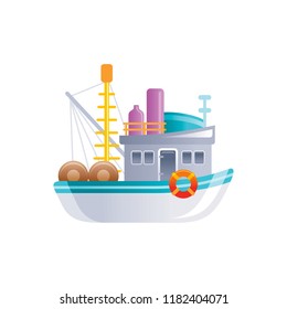 Cartoon retro fishing bppoat icon.Vintage trawler ship for logo, sea travel, cruise and water transport design.  Flat vector illustration isolated on white background. 