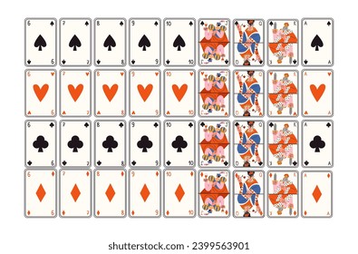 Cartoon retro full deck of game cards for playing poker and casino. Jack, queen, king, playing cards for gambling. Retro groovy hippie design clubs, hearts, spades, diamonds.