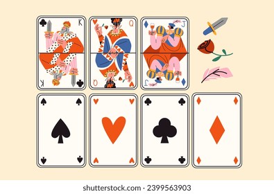 Cartoon retro full deck of game cards for playing poker and casino. Jack, queen, king, playing cards for gambling. Retro groovy hippie design clubs, hearts, spades, diamonds.