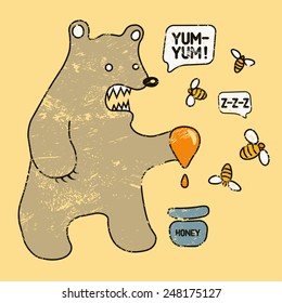 Cartoon retro funny bear with honey and bees. Vector grunge illustration.