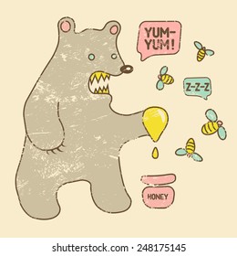 Cartoon retro funny bear with honey and bees. Vector grunge illustration.