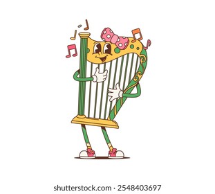 Cartoon retro funny Irish harp groovy character for Saint Patrick Day holiday, vector personage. Harp groovy character with funky face smiling and playing on strings for Irish St Patrick Day holiday