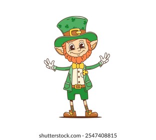 Dibujos animados retro divertido leprechaun groovy personaje para el día de fiesta de San Patricio, personaje de Vector. Leprechaun carácter groovy con tréboles de trébol en sombrero para el saludo irlandés del día de San Patricio