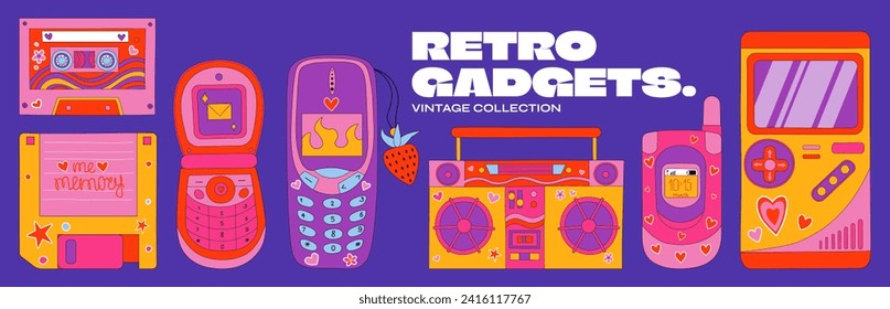 Aparatos retro de dibujos animados al estilo de los años 90. Electrónica antigua, teléfonos móviles, reproductor de registros, cassette, vinilo, dispositivos. Conjunto de pegatinas en doodle groovy estilo de computadora antiguo