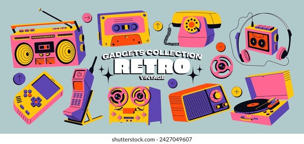 Cartoon-Retro-Gadgets im 90er-Jahre-Stil. Alte Elektronik, Handys, Plattenspieler, Kassette, Vinyl, Geräte. Set von Aufklebern im doodle groovy alten Computerstil