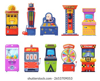 Máquinas de jogos de desenhos animados retro. Automates de jogo de computador antigo, tipos diferentes, jogos e diversão, mini simuladores. Vintage nostalgia arcade dispositivos eletrônicos classy vetor conjunto