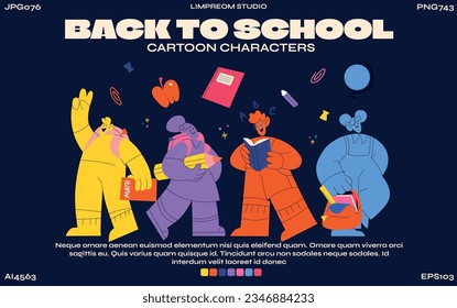 Personajes de las niñas retro de dibujos animados de vuelta a la escuela al estilo de los años 90. Adolescente con mochila en un estilo hippie groovy. Colección Stickers