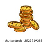 Cartoon retro golden coins stack. Isolated vector pile of gold coins with clover leaves, mountain of yellow money, symbol of luck. Irish st Patrick day gold of leprechaun with iconic shamrock symbols