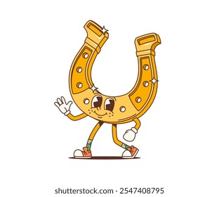 Cartoon retro golden horseshoe groovy character for Saint Patrick Day holiday, vector personage. Funny funky horseshoe groovy character in 70s hippie art for Irish St Patrick Day holiday