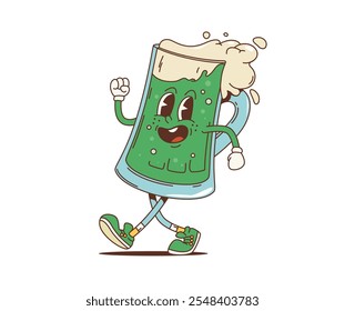 Caricatura retro verde ale tankard groovy carácter para vacaciones del día de San Patricio, personaje de Vector. Divertido personaje groovy taza de cerveza verde con cara funky y salpicadura de espuma para vacaciones irlandesas del día de San Patricio