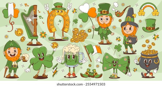 Cartoon retro green groovy characters of Saint Patrick Day holiday. Vector personages of cute leprechauns, golden coins pot and clover trefoil. St Patricks rainbow, green shamrock, hats and horseshoe