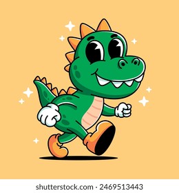 Cartoon retro green walking dino