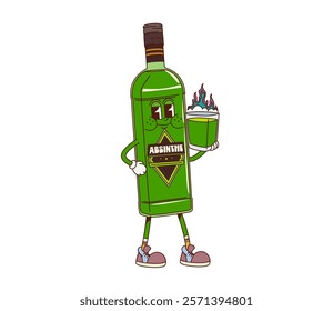 Cartoon retro groovy absinthe bottle character with funky freaky face, vector comic alcohol drink. Groovy retro cartoon absinthe bottle with happy booze smile and psychedelic burning flames in glass