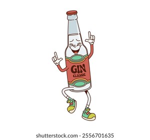 Cartoon retro groovy alcohol gin bottle character dancing joyfully with a happy expression. Isolated playful vector bottle personage is labeled Gin Classic and wears sneakers, exuding retro vibe