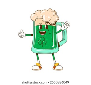 Caricatura retro groovy ale personaje de cerveza para el día de Patrick o vacaciones irlandesas, taza divertida de Vector. Carácter verde del tanque de la cerveza de la cerveza en la historieta groovy retro con la cara feliz y el trébol para el día de San Patricio