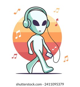 Cartoon retro groovy alien walking in headphones and listening to music, mascot in trendy vintage style. Cute smiling alien character, UFO, grunge poster. High quality flat vector illustration.
