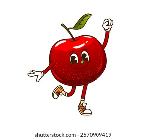 Cartoon retro groovy apple fruit character with happy face, vector comic emoji. Groovy red apple with funny smile dancing in hipster shoes, funky silly and freaky fruit food character in retro cartoon