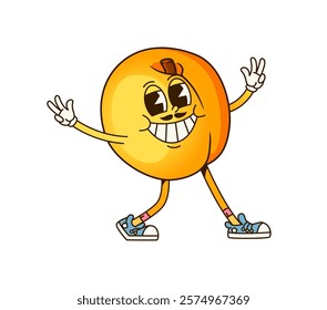 Cartoon retro groovy apricot fruit character with funny face, vector emoji. Groovy apricot with happy smile, mustaches and hippie peace sign for funky emotion or silly freaky fruit cartoon character