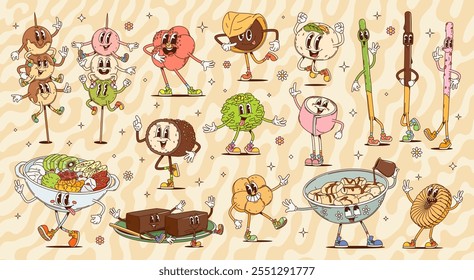 Personajes de dulces y postres asiáticos groovy retro de dibujos animados, comida de bocadillos de Vector. Hippie psicodélico japonés wagashi dulces personajes. Lindo groovy pastel de arroz mochi, helado matcha, anmitsu, jalea yokan