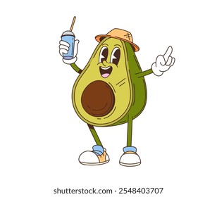 Cartoon retro groovy avocado character with funny face, vector comic emoji. Groovy avocado with soda drink or smoothie in hipster hat and shoes with funky happy smile for cartoon fruits and vegetables