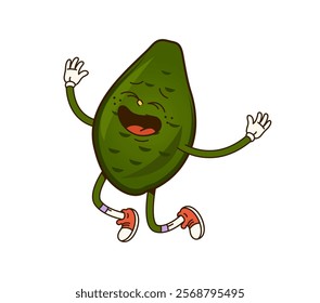 Cartoon retro groovy avocado fruit character or happy fruit, vector funny emoji. Groovy avocado laughing out and jumping or dancing, fruit food silly character and retro cartoon funky personage