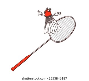 Cartoon retro groovy badminton racket and shuttlecock character with expressive face and playful energy. Isolated vector sports equipment personage emphasizing action, competition, and funky 70s vibe