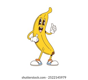 Caricatura retro groovy banana personaje de fruta con cara sonriente. Divertido y juguetón personaje de frutas tropicales mostrando pulgares hacia arriba, promueve un estilo de vida saludable, nutrición natural con un ambiente nostálgico vintage