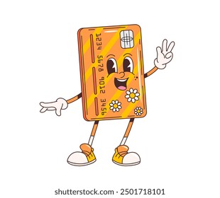 Cartoon retro groovy bank credit card character. Isolated vector hippie style anthropomorphic plastic card personage with wide eyes, cheerful friendly smile chip and number, showing piece gesture