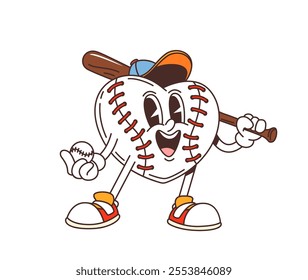 Cartoon retro groovy baseball heart character with bat and ball exuding quirky vibe. Vector sports gear personage wearing sneakers and cap exudes positive, sporty vibe on the field and love to sport