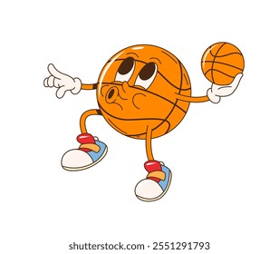 Cartoon retro groovige Basketball-Figur, die einen kleineren Basketball in einer Hand hält, während sie mit der anderen nach vorne zeigt. Isolierte Vektorsport-Team-Persönlichkeit mit funky Stimmung, Verbreitung von Freude